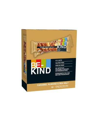 BE-KIND Barreta de Cereals amb Fruits Secs Torrats, Ametlles Caramelitzada i Sal Marina, Sense Gluten, Alt Contingut en Fibra, Cor Saludable, Estoig de 12 x 40 grs Barres