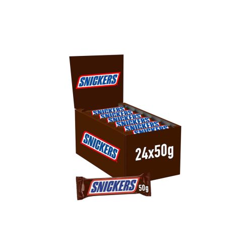 Snickers Barreta de Xocolata amb Crema de Cacauet, Caramel i Cacauets recoberta de Xocolata amb Llet 50 grams – Estoig de 24 unitats